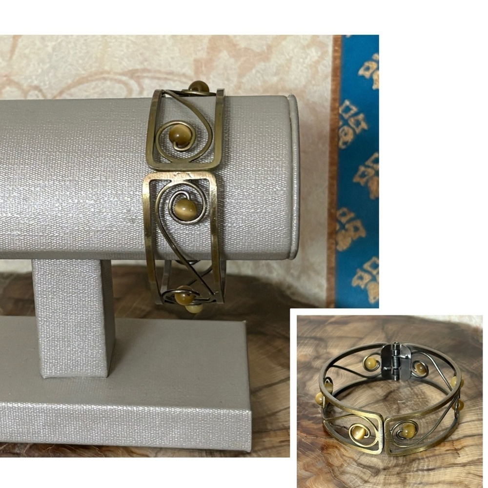 Tigers Eye Beaded Brass Hinged Bangle Bracelet